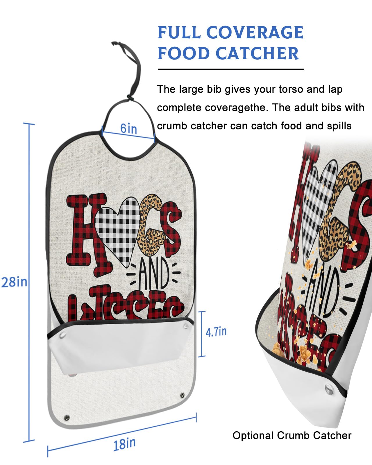 Valentine's Adult Bib for Eating with Crumb Catcher,Washable & Waterproof Terry Cloth Adjustable Elderly Women Men Adult Bibs Funny Apron Clothing Protector Farmhouse Retro Leopard Print Plaid