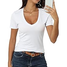 Women Short Sleeve Deep V Neck Tops Shirts Fitted Cotton Summer Tshirt Tee