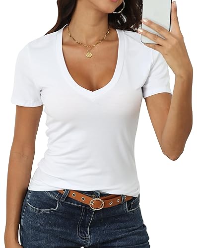 Roselux Women Short Sleeve Deep V Neck Tops Shirts Fitted