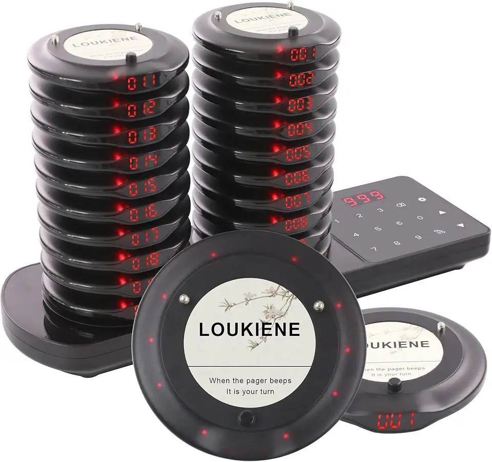 Restaurant Pager System, 20 Wireless Coaster Beeper Guest Customer Queue Pagers for Food Truck Church Nursery Clinic Coffee Shop Restaurants Bar with Vibration Flash Buzzer