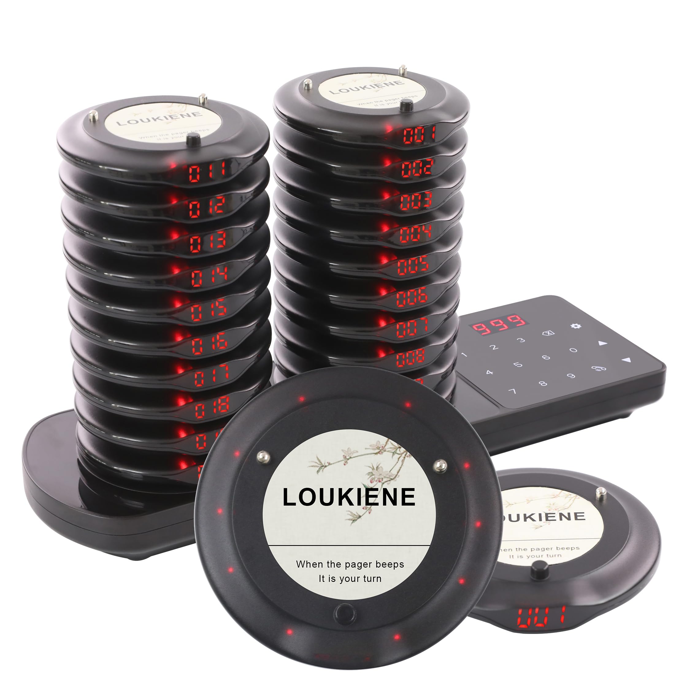 LOUKIENE - Restaurant pager system, 20 wireless coasters, customer queue polls for food, trucks, church, nursery, clinic, cafe, restaurant, bar with