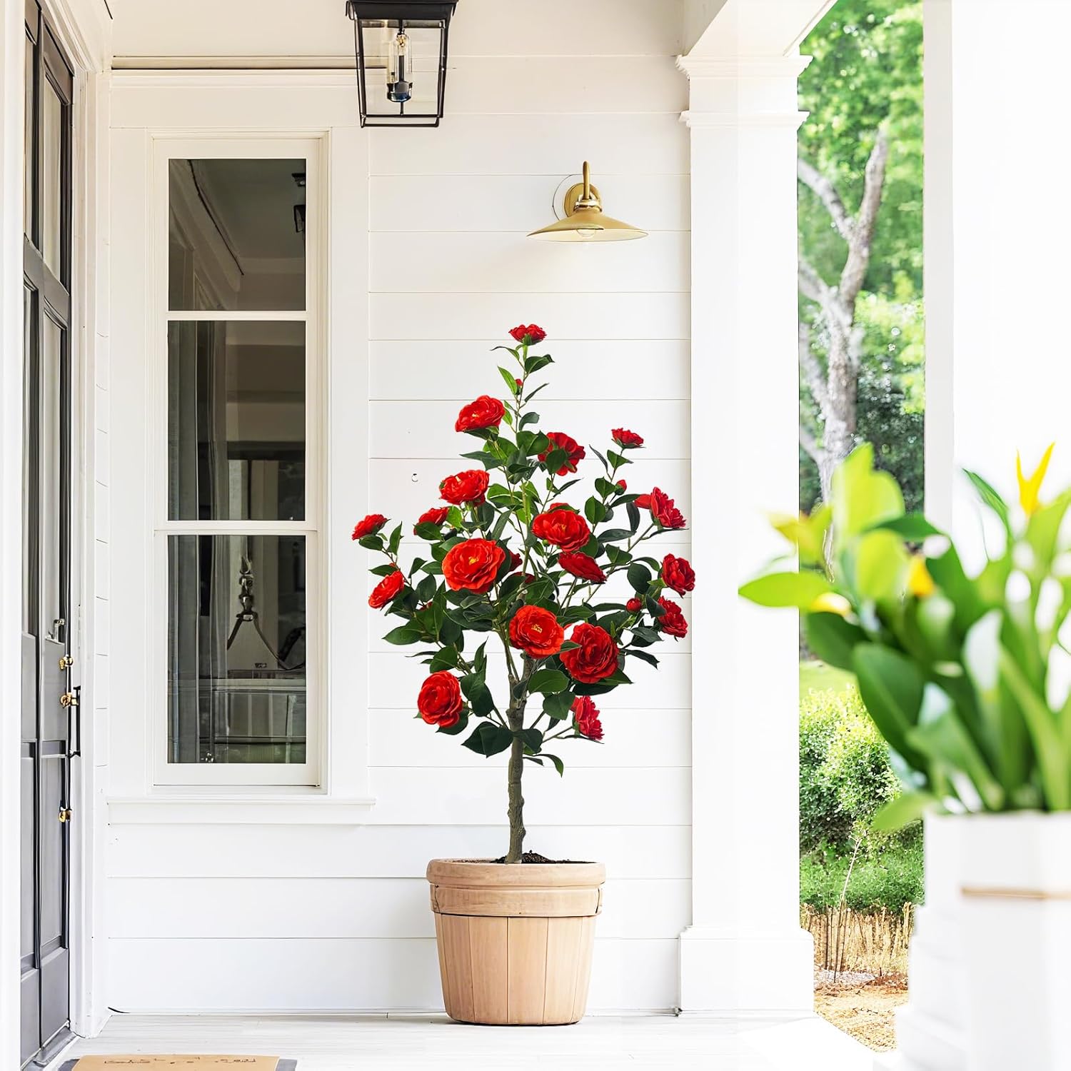 48'' Artificial Camellia Tree with Red Flower in Pots -4FT Faux Camellia Tree,Fake Silk Plants for Indoor & Outdoor Home Front Yard Lving Room Wedding Decor