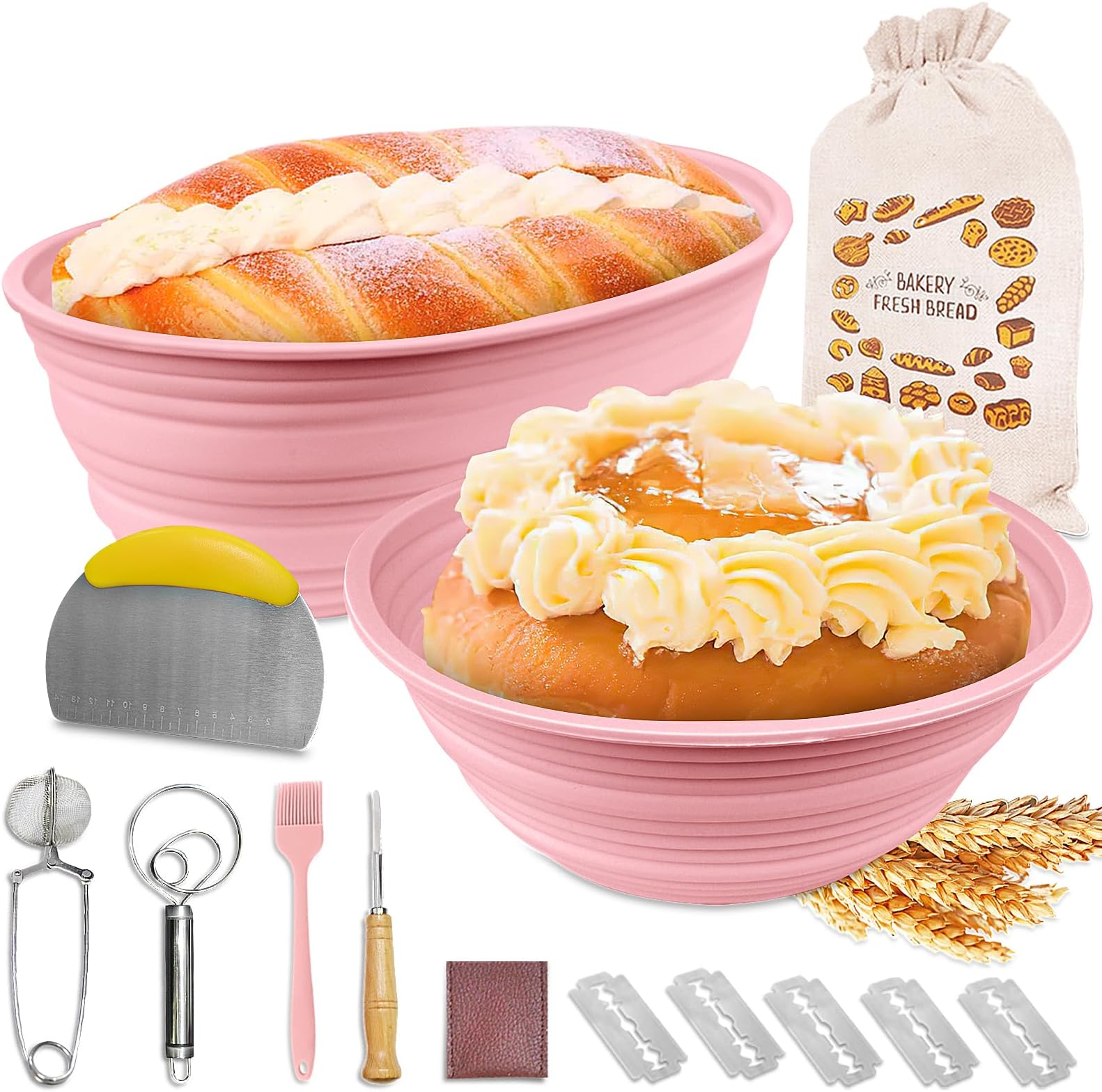 Banneton Bread Proofing Baskets, Silicone Sourdough Bread Supplies Including 10 Inch Oval & 9 Inch Round Foldable Sourdough Bread Baking, Complete Baking Supplies Set Kit with 6 Essential Tools (Pink)