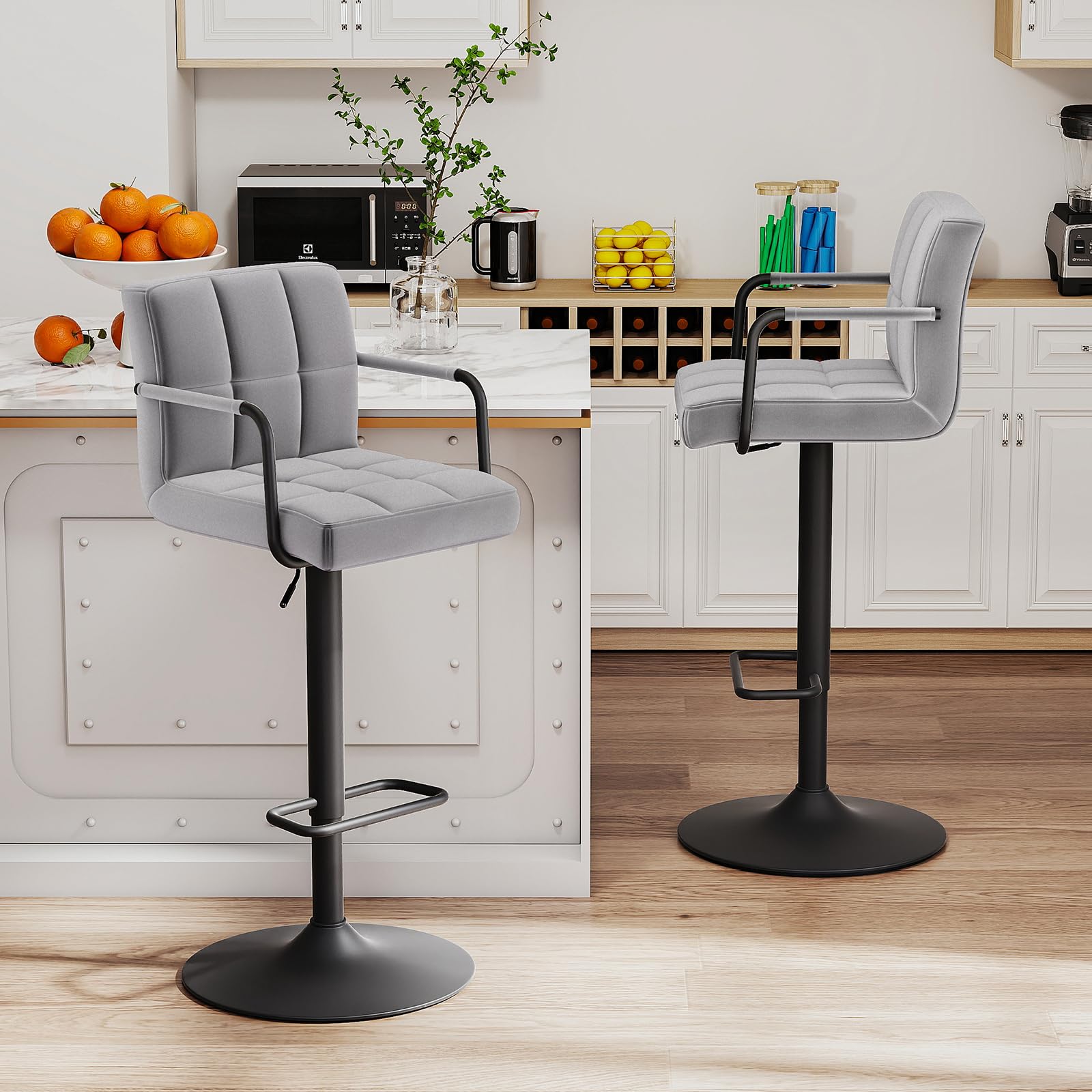 Verstellbarer Barhocker, Drehbarer Barhocker, 2er-Set, Thekenhocker mit Armlehne und Fußstütze, Gepolsterte Barstühle für Küche und Esszimmer, Samt-Grau