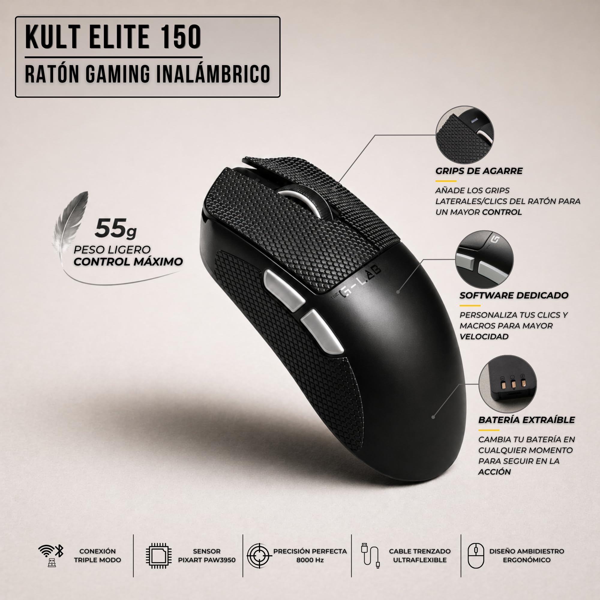The G-Lab Kult Elite M150 - Raton Gaming Ultra Reactivo, Captor Óptico PixArt 3950, 30.000 DPI, 8.000 Hz, Patines PTFE - Raton inalambrico Triple Modo 2.4 GHz/BT/Cable con Software, 2 Baterías y Grips