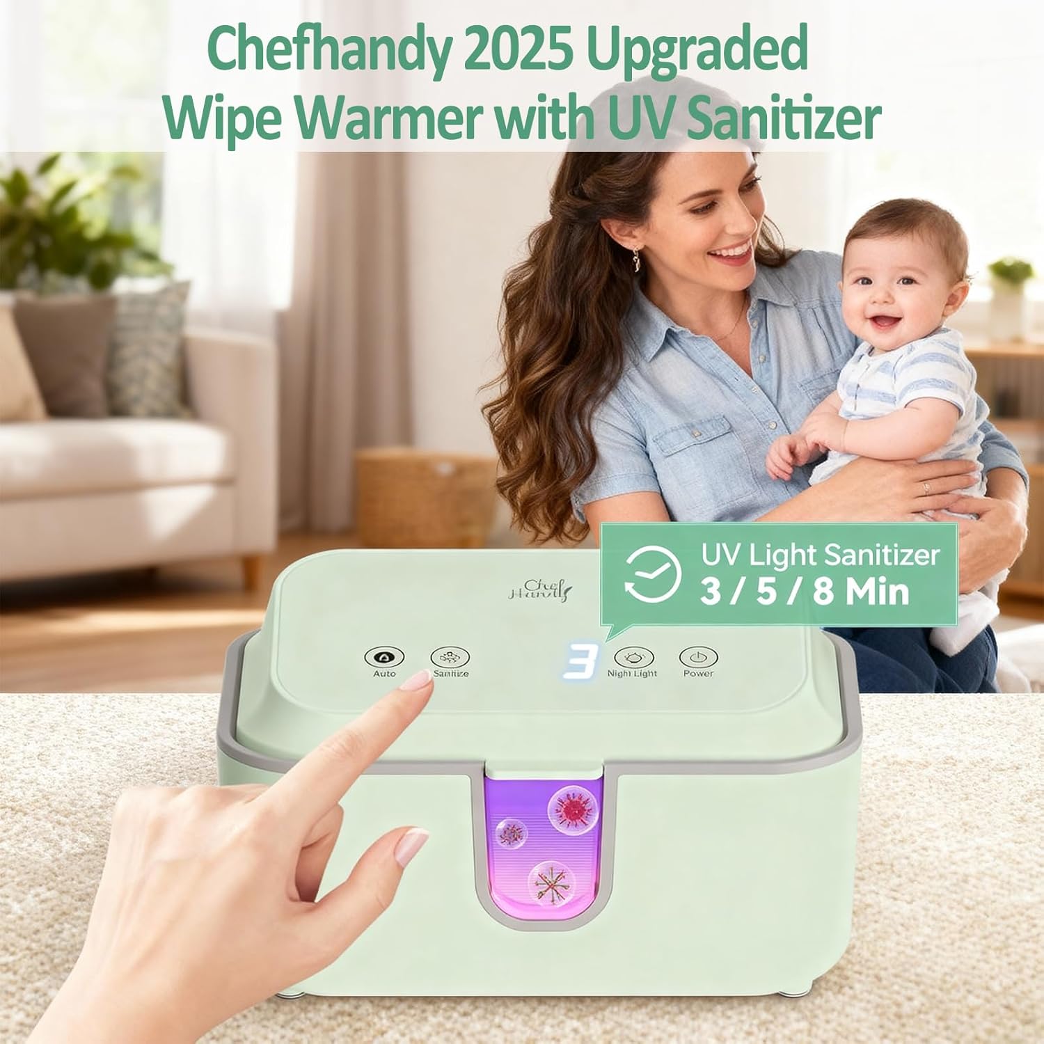 Chefhandy Baby Wipe Warmer with labels for features
