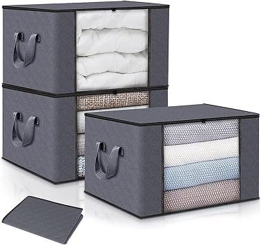 3 Pack 90L Clothes Storage Bags Large Storage Box with Lid Packing Boxes for Moving House with Reinforced Handle Thick Fabric Clear Window for Clothes Duvet Blankets Bedding, Grey