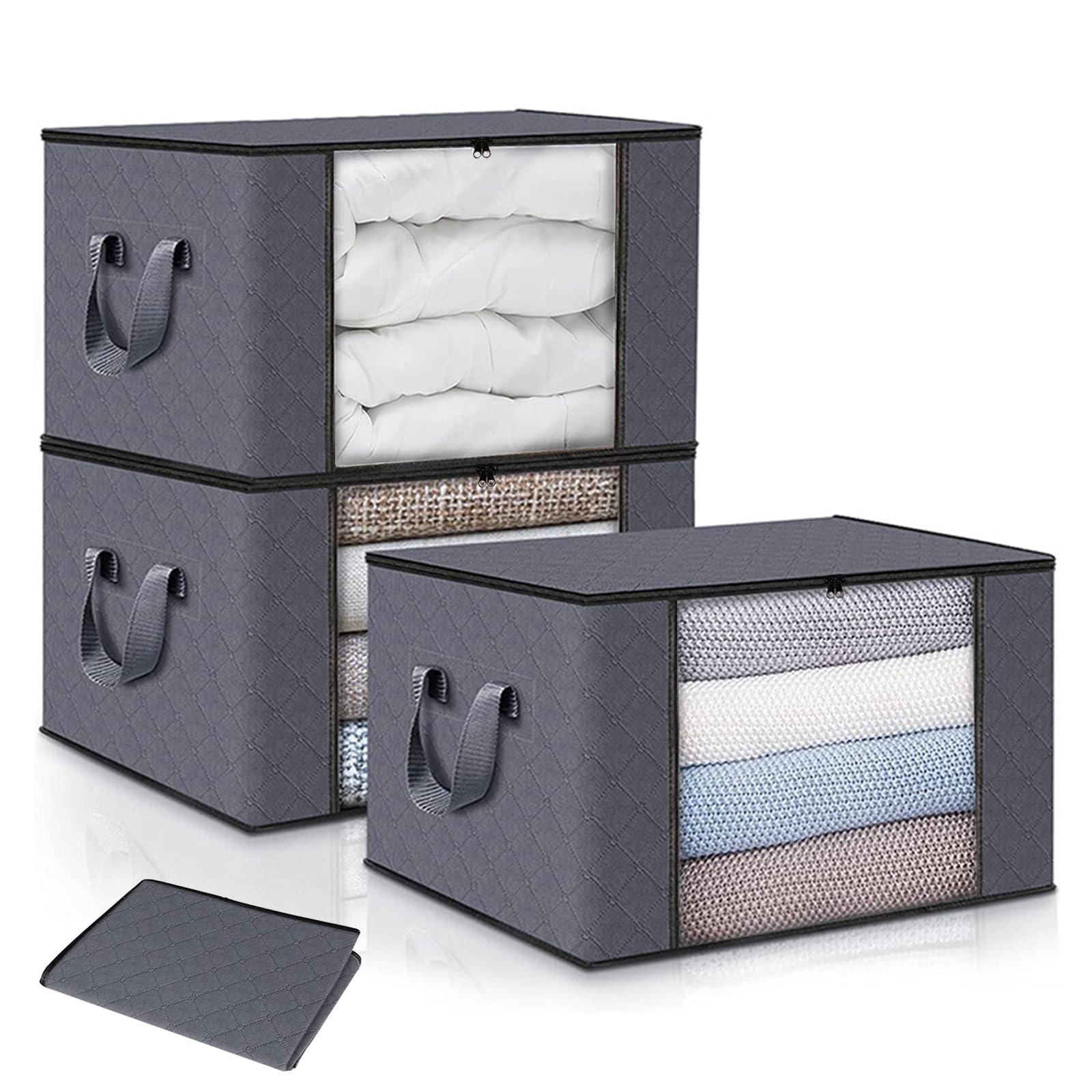 3 Pack 90L Clothes Storage Bags Large Storage Box with Lid Packing Boxes for Moving House with Reinforced Handle Thick Fabric Clear Window for Clothes Duvet Blankets Bedding, Grey