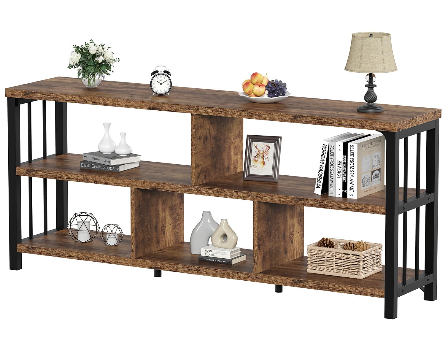IBF Bookshelf, Farmhouse 160cm Long Open Book Shelf, Wood Metal 5 Cube Bookcase for Living Room, Low Horizontal Bookshelf for Bedroom, Wide Cubby Storage Organizer for Home Office, Rustic Brown, 160cm
