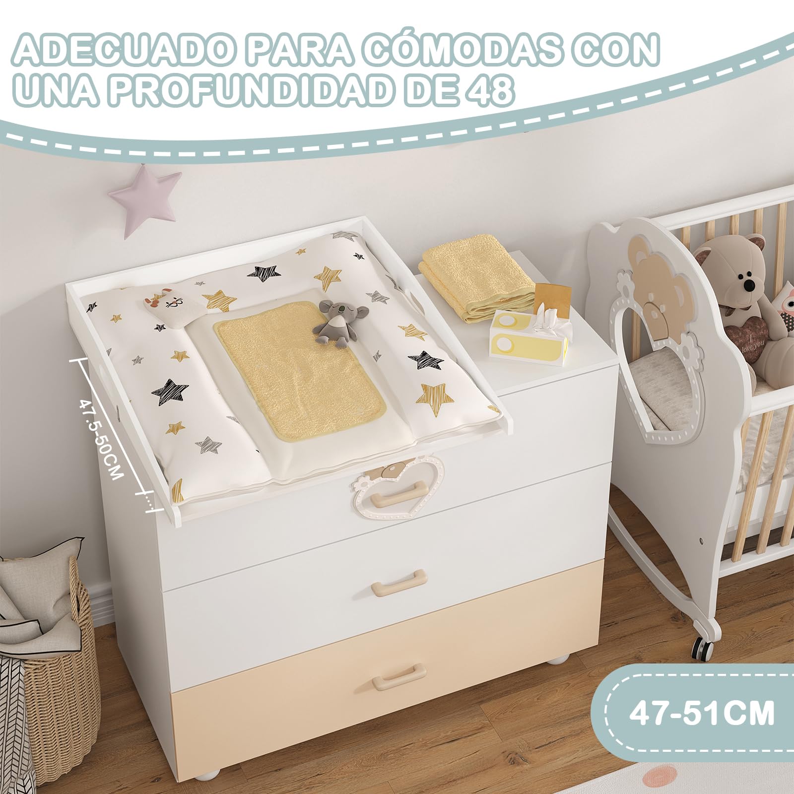 WOLTU Cambiador para Bebé 70x75x10 cm, Accesorio de Madera para Cómoda, con Bordes de Seguridad, Compatible con Estantería o Armario, Blanco