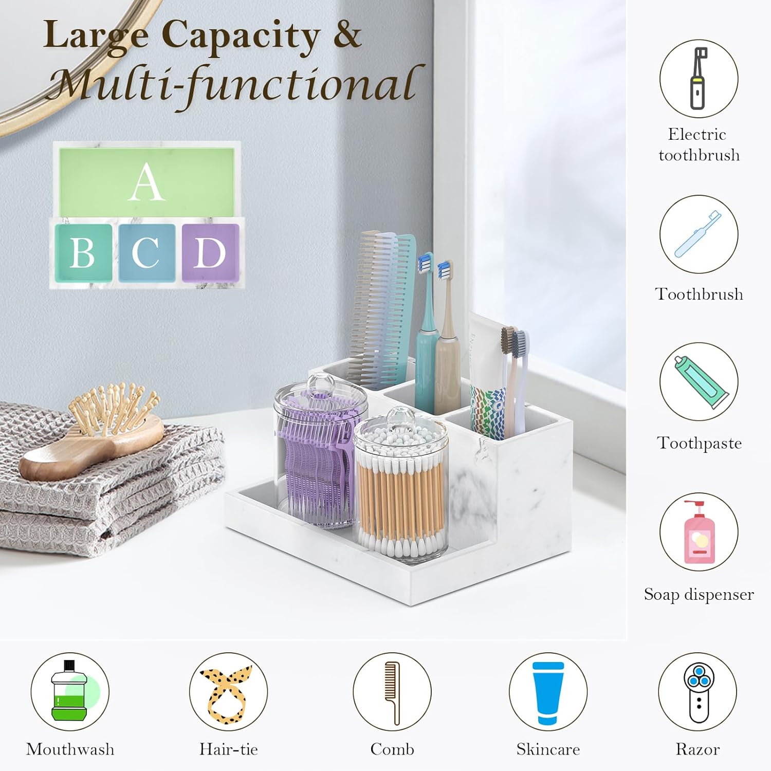 Toothbrush Holder for Bathroom with 2PCS Qtip Holder Dispenser, 3 Slot Bathroom Accessories Holder Floss Cotton Swab Holder Bathroom Vanity Tray for Perfume Comestic Organizer Counter Storage, White