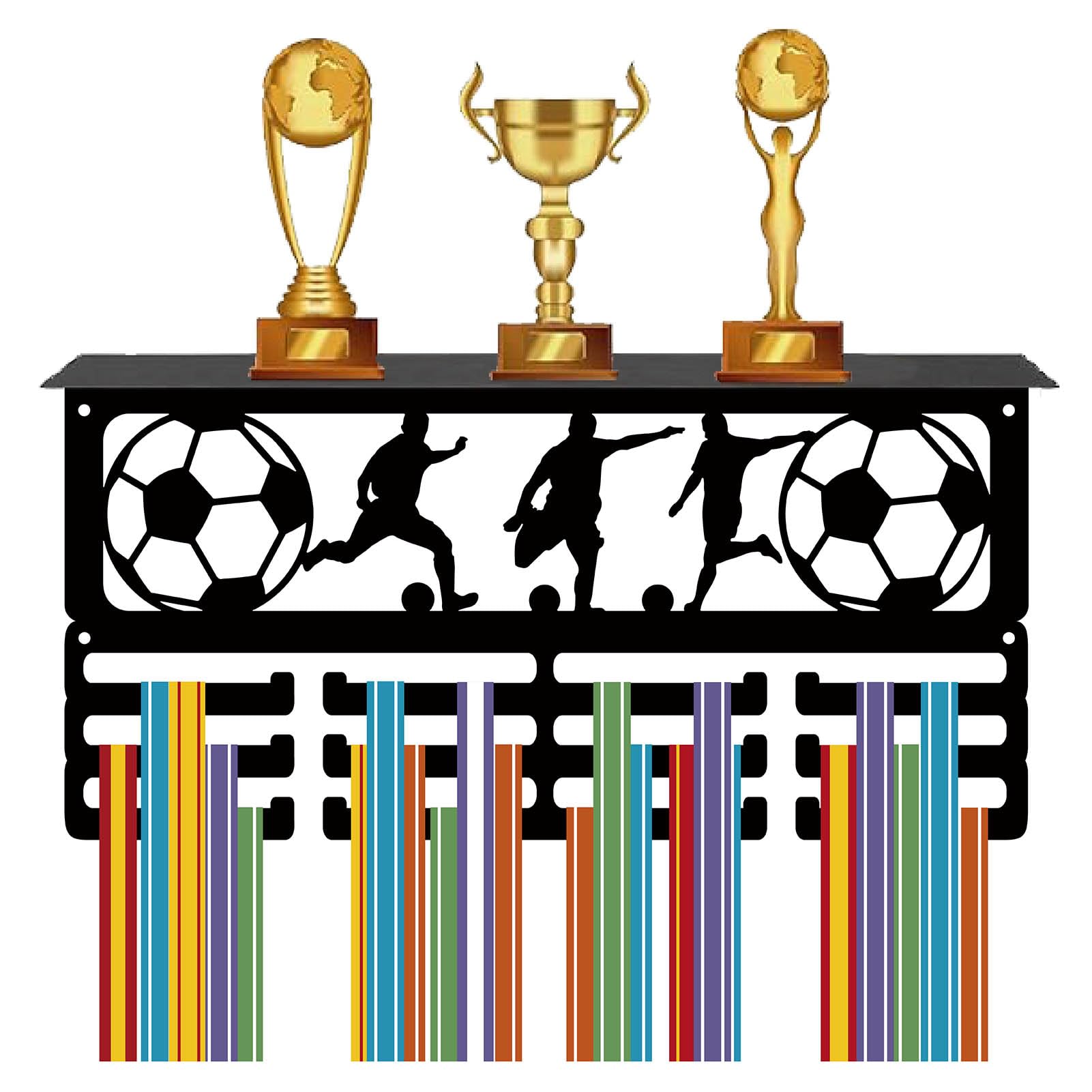 CREATCABIN Support D'Affichage Médaille Football Étagère Trophée avec 24 crochets Présentoir Trophée Médaille Métal Cadre Support Mural Cintre D'Affichage Ruban pour Récompenses Course 40x20cm Noir