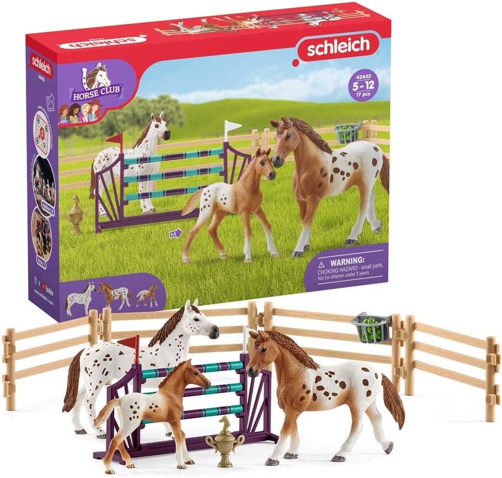 SCHLEICH Horse Club - 17PC - Lisa's Tournament Training Horse Toy Set with 3 Horses and Accessories - Realistic Stallion, Mare, Foal Figurines for Girls and Boys - Farm Toys for Kids Ages 5+ - 42433