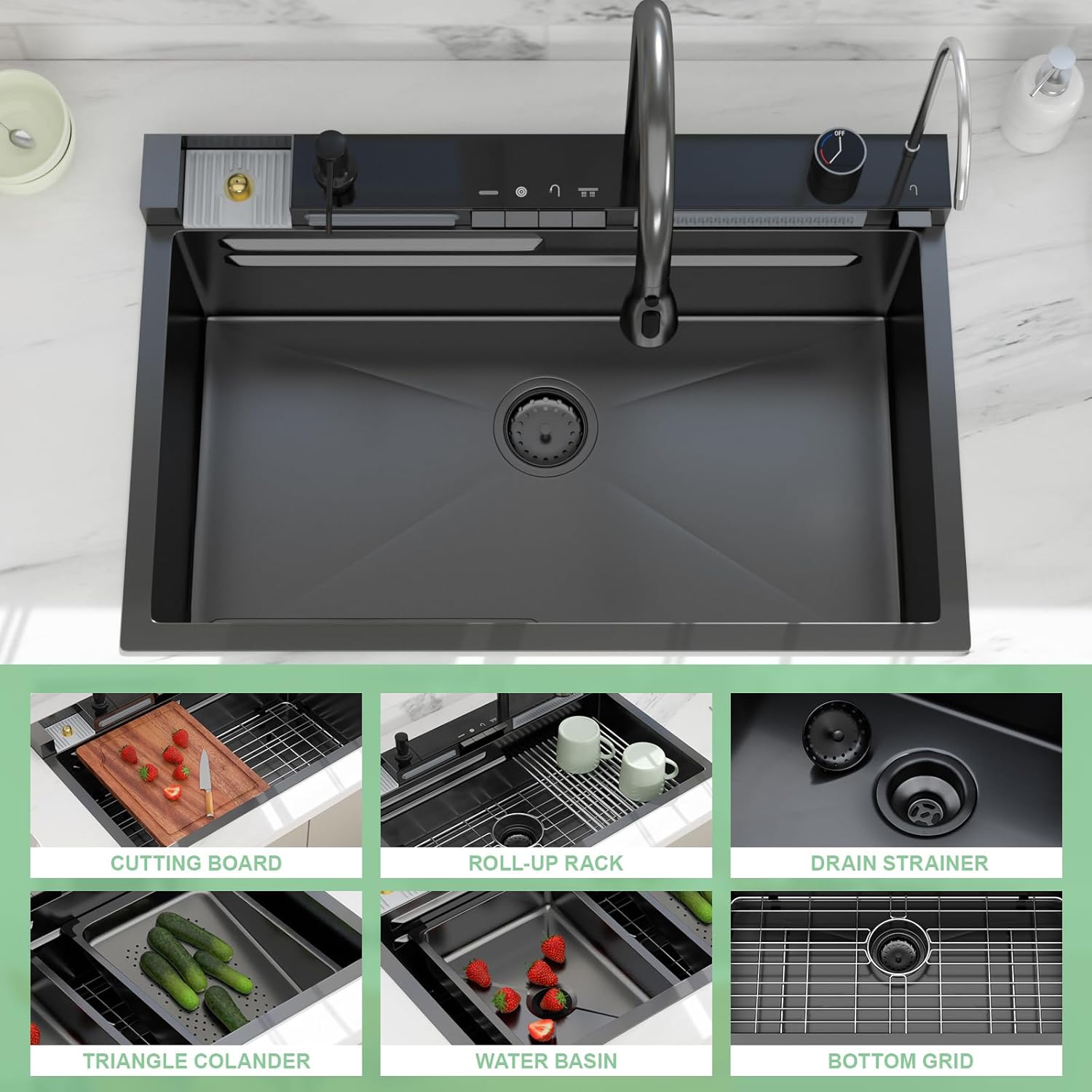 30 Inch Waterfall Kitchen Sink - Beslend 30x19 Drop In Waterfall Sink Nano Black Workstation Smart Sinks 16 Gauge Stainless Steel Single Bowl Black Basin with Faucet Combo