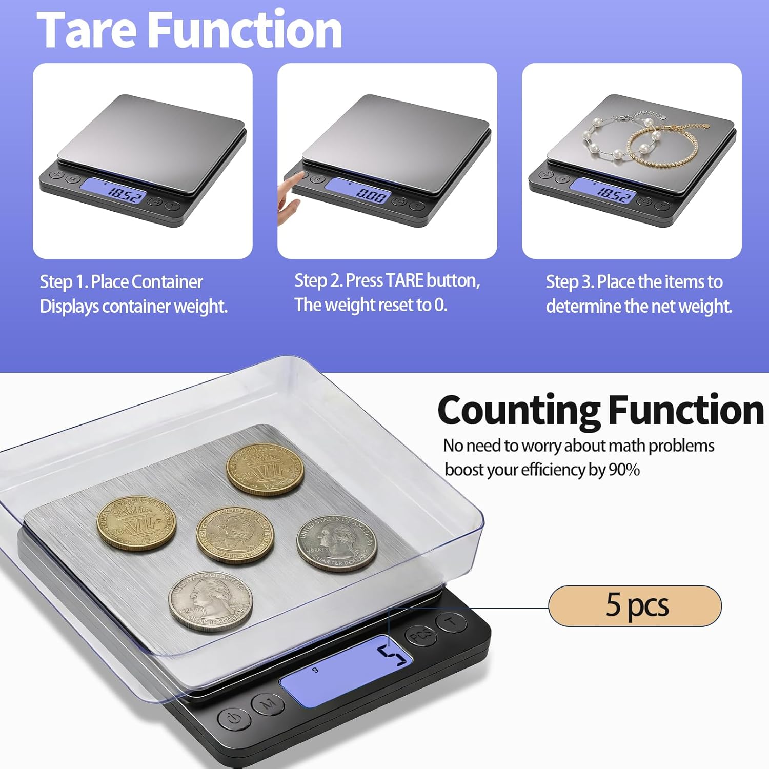 SKEAP Coin Scale to Weigh Coins, 1kg/0.01g High Accuracy Gram Scale for Coin Collectors, Gold and Jewelry, with USB Charging, LCD Display, PCS Counting, Includes Charging Cable and AAA Batteries