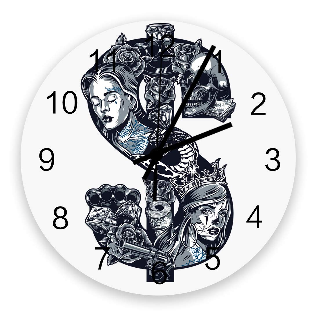 ArneCase Wooden Wall Clock Quartz Battery Operated Wall Hanging Trendy Skull King and Girls with Crown 12Inch Round Clocks Wall Decor for Living Room,Bedroom