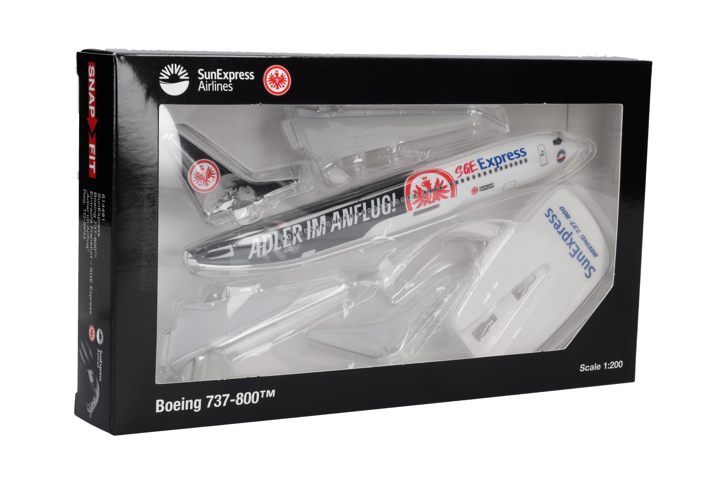 Herpa Snap-Fit Modellflugzeug Sun Express Boeing 737-800 "Eintracht Frankfurt - SGE Express - Adler im Anflug - TC-SPM, Miniatur im Maßstab 1:200, Sammlerstück, Modell mit Standfuß, Kunststoff