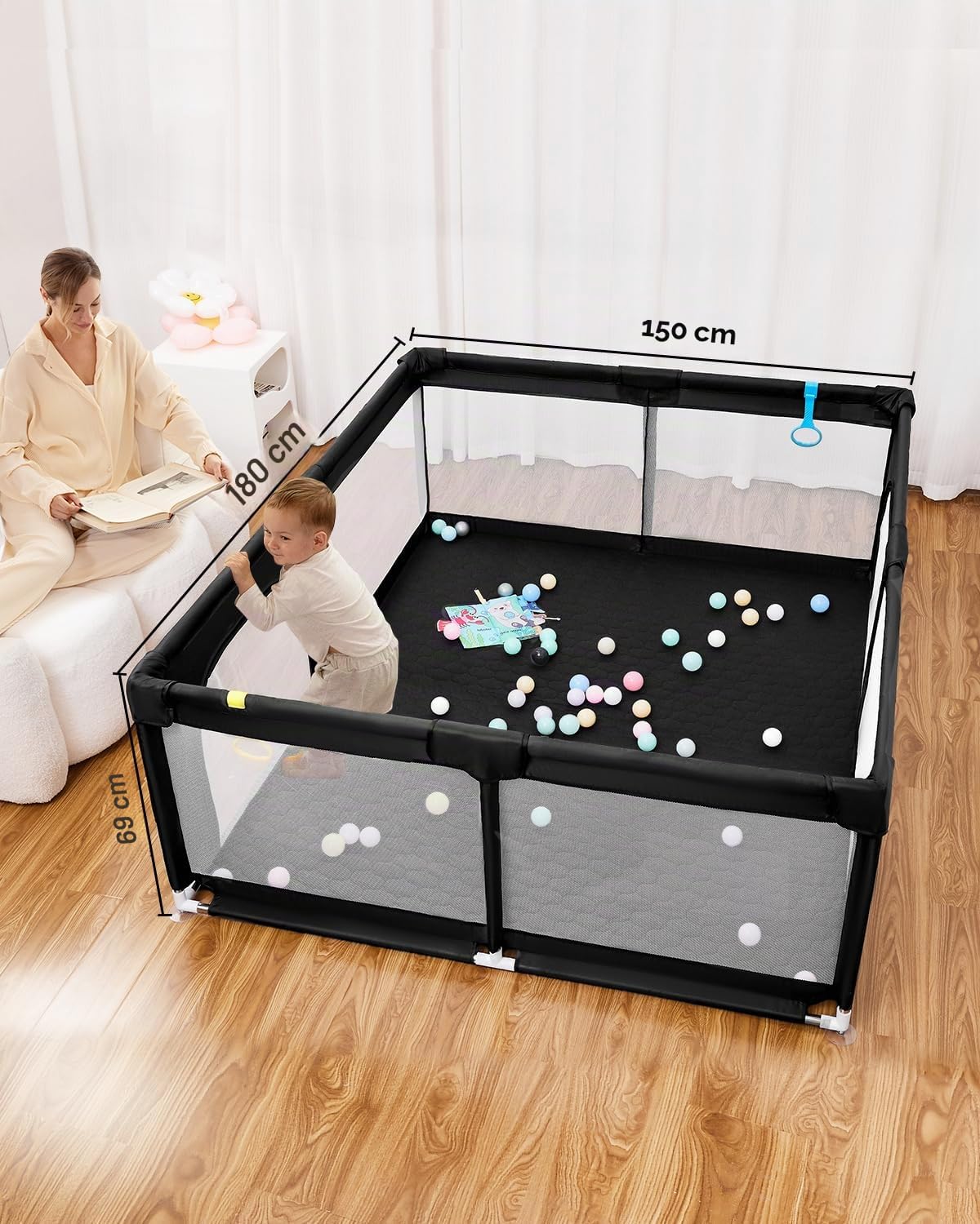 Derimkcoa Parc Bébé Parc Avec Tapis Intérieur et Extérieur, Filet Respirant Sur Quatre Côtés et Ventouses (150x180x66cm, Noir)