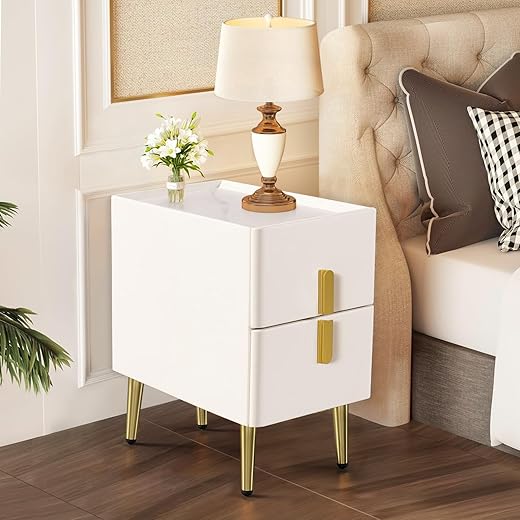 homary Modern Nightstand with 2 Drawers, Tile End Table for Living Room in Gold Finish Square Bedside Table (White)