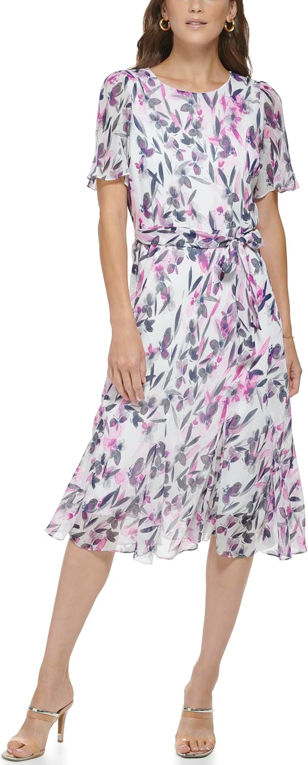 DKNY Womens Flutter Sleeve Round Neck Waist Tie Midi Dress