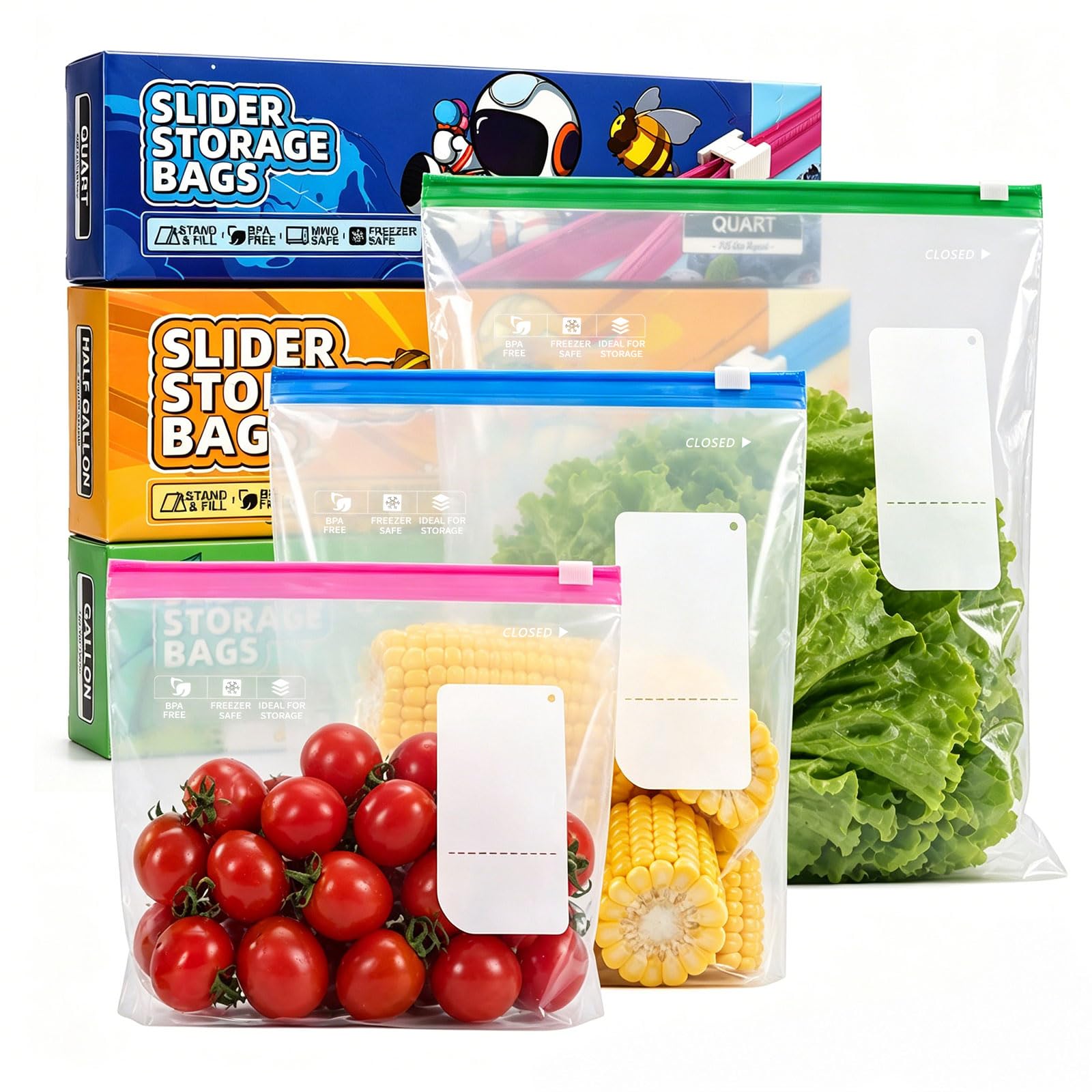 Rayneay Clear 75 Pcs Food Storage Freezer Bags, 3 Sizes Reusable Food Zip Lock Bags (4.55L, 2.27L, 1L), Bpa Free Slider Ziplock Sandwich Bag With Expandable Bottom For Fruits, Veggies, Meat, Snacks