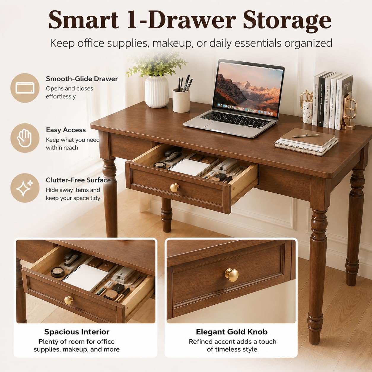 31" Solid Wood Writing Desk with Drawers – French Country Computer Desk for Home Office, Bedroom, Living Room, or Study(Walnut,31 x 24 x 30 in)