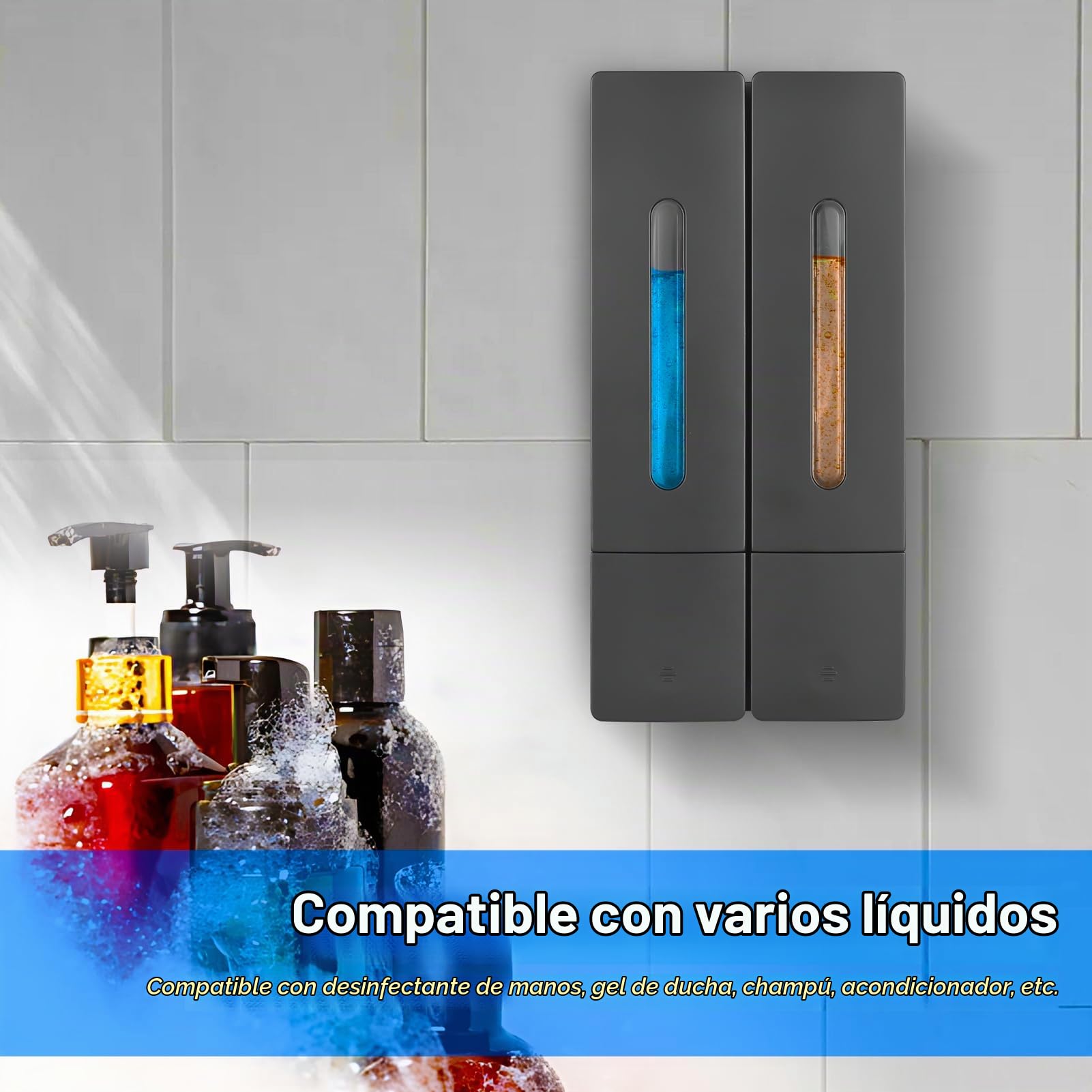 Decdeal Dispensador de jabón de Manos de 400 ml x 2, Seguro, ABS, sin Perforaciones, dispensador de jabón para Montaje en Pared con Ventana Transparente, Salida de líquido separada, diseño de Bloqueo