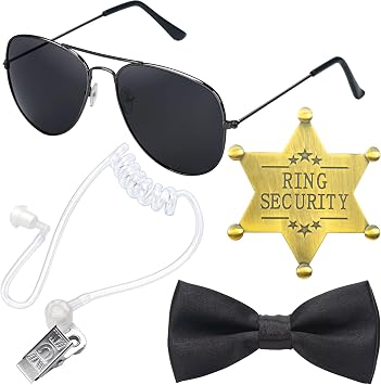 Ring Security Wedding - Ring Bearer Gifts Set Include Security Badge, Ring Bearer Proposal Bow Ties, Sunglasses, Spy Earpiece, Secret Service Costume Cosplay Police FBI Toys Accessory 4PCS