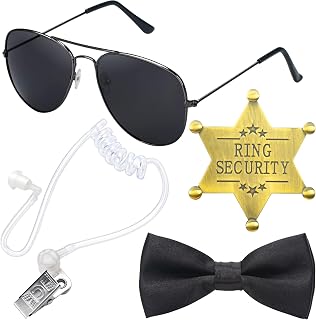 Ring Security Wedding - Ring Bearer Gifts Set Include Security Badge, Ring Bearer Proposal Bow Ties, Sunglasses, Spy Earpiece, Secret Service Costume Cosplay Police FBI Toys Accessory (4PCS)