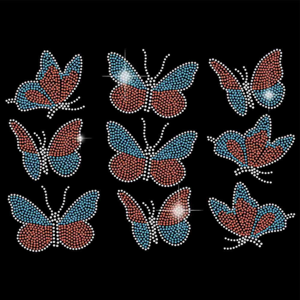 SUPERDANT Bicolor Butterfly Iron on Rhinestones Transfer, Butterfly Crystal Heat Transfer Stickers, Hotfix Rhinestone Bling Decals for Girls T-Shirt Clothing Tote Bag DIY Art Craft Gifts 9pcs