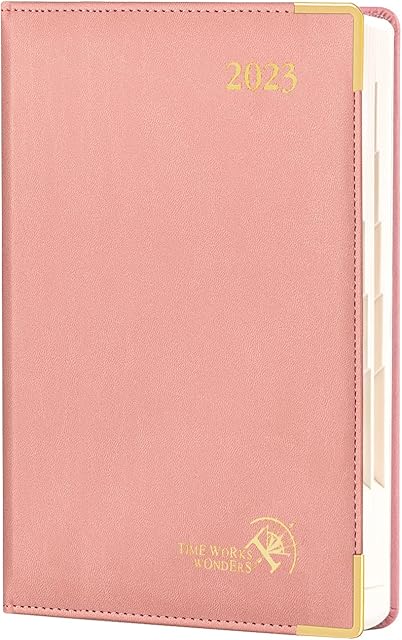 POPRUN Premium Executive Diary 2023 Day to Page 21.5 x 14.5 cm -A5 Daily Planner 2023 Day per Page with FSC® Certified Paper,Monthly Tabs,Inner Pocket & Vegan Leather Hardback- Pink