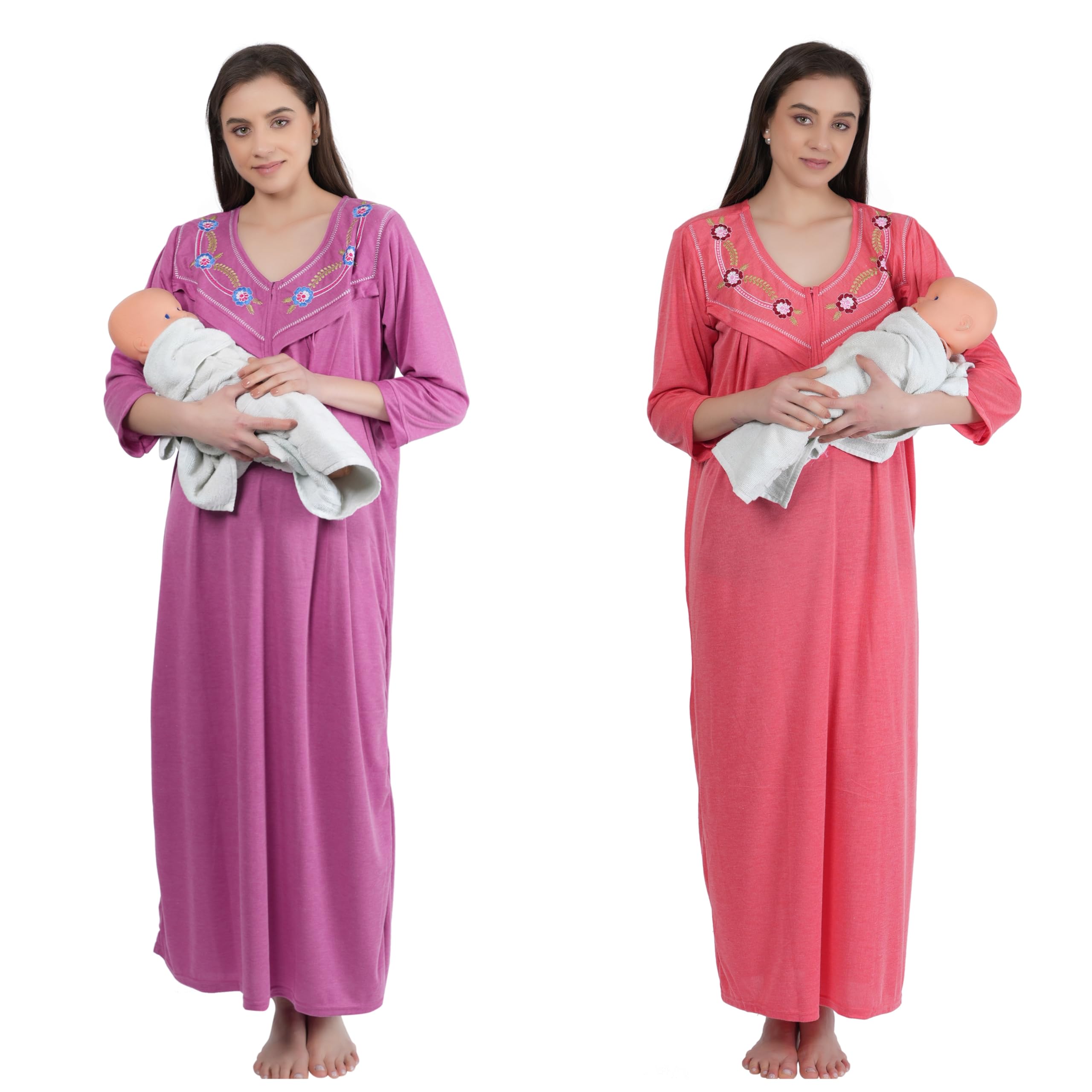 GenericJECCE Fashion Women's Full Sleeve Hosiery Cotton, Nursing, Breastfeeding, Maternity Nighty/Sleepwear/Nightgown/Maxi/Nightdress