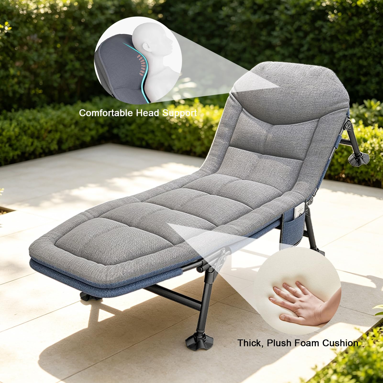 Lit de camp pliable - 190 x 68 x 30 cm - Chaise longue de jardin pliable - Charge maximale : 150 kg - Avec matelas - Lit de camping réglable - Gris