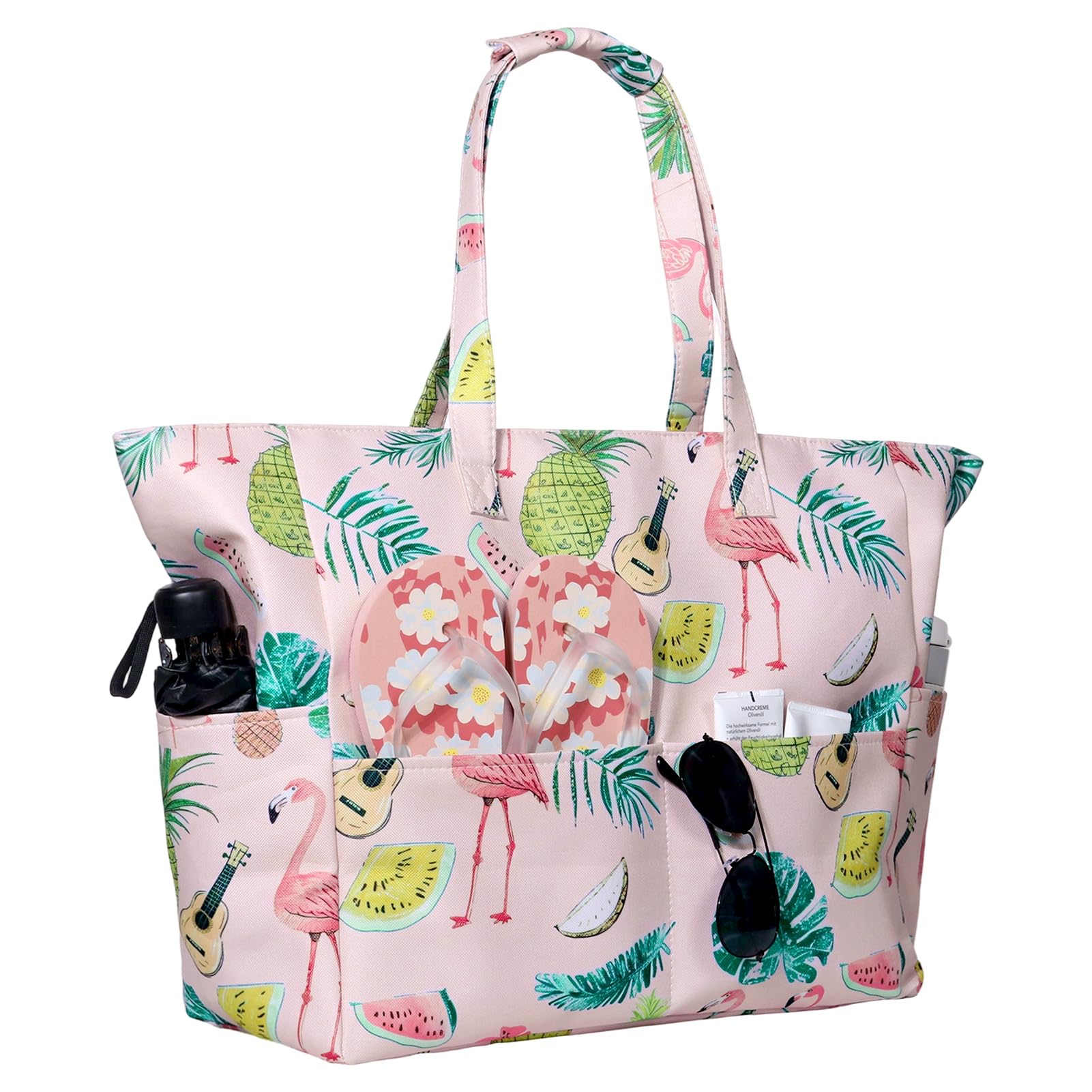 Sac de Plage Femme XXL Sac Cabas Femme Grand Imperméable Sac de Plage avec Poches Pliable et Léger Sac Piscine Hawaïen Grand Tot Bag Plage Piscine Vacances Gym