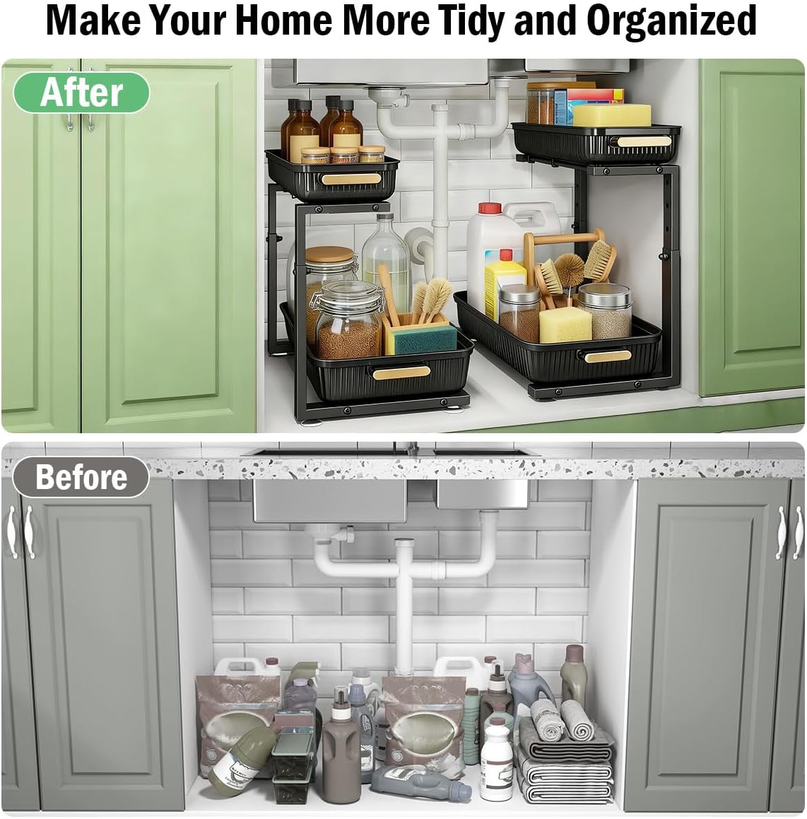 Under Sink Organizer - 2 Packs Multi-Purpose Pull-Out Storage Organizers, Slide out Pull out Cabinet Organizer Shelf, Storage for Kitchen Bathroom, Black - Image 5