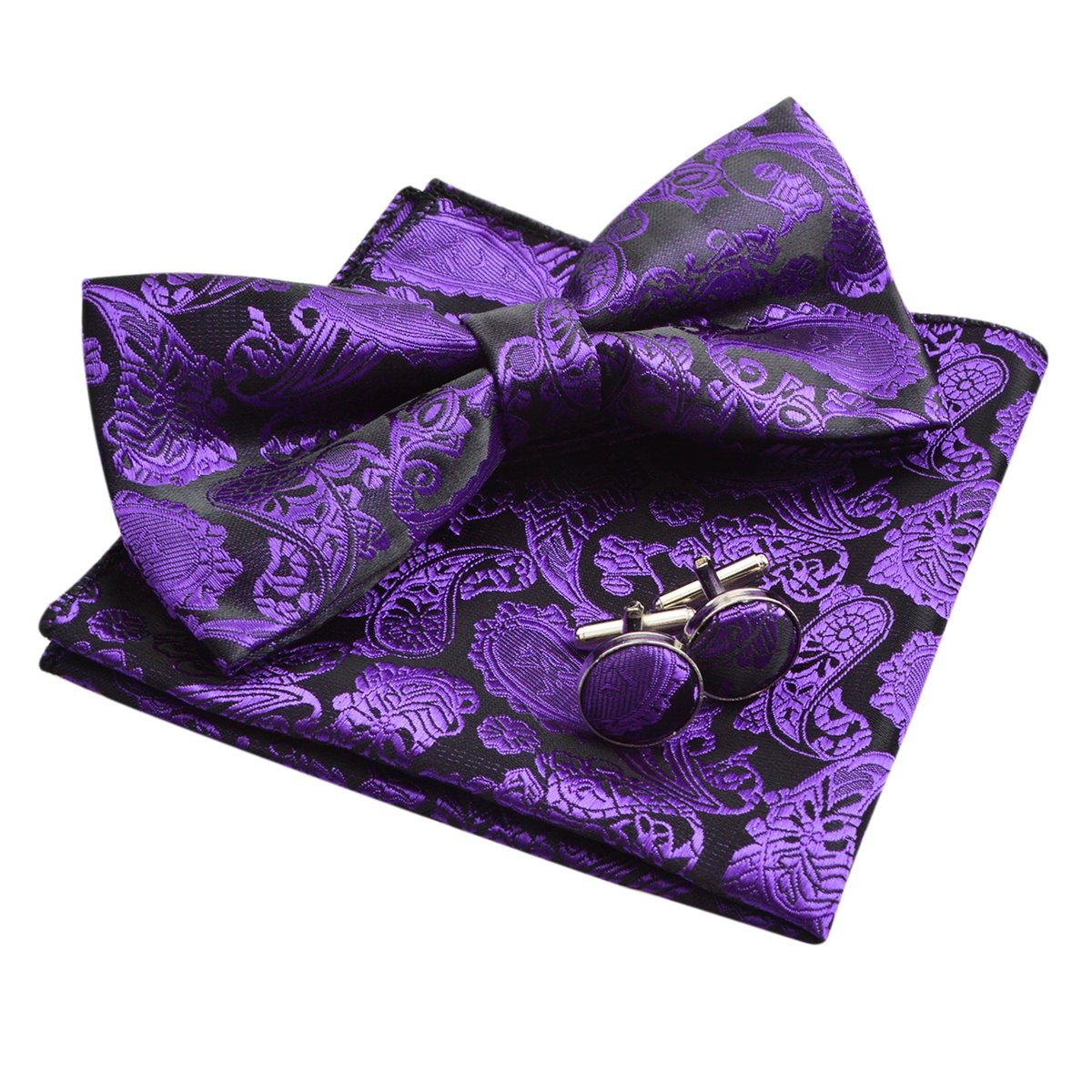 Alizeal Mens Paisley Bow Tie, Pocket Square, Cufflinks Set