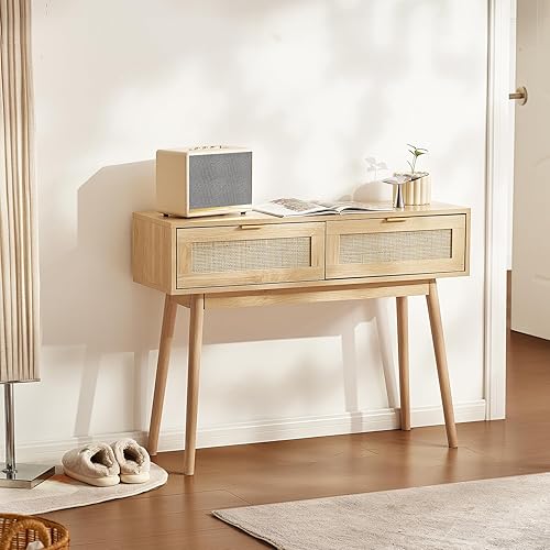 Miniatura 2 de VEVOR Mesa consola de ratán con 2 cajones de almacenamiento, mesa de entrada de ratán con puerta corredera de ratán natural, mesa de sofá para sala