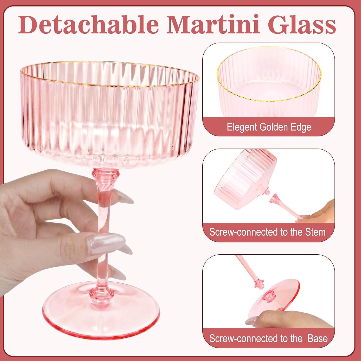 28PCS Plastic Martini Glasses Disposable, 10oz Gold Rimmed Martini Glasses Plastic Reusable with Rim and Stem, Transparent Striped Detachable Champagne Coupe Cocktail Cups for Wedding Party Bar