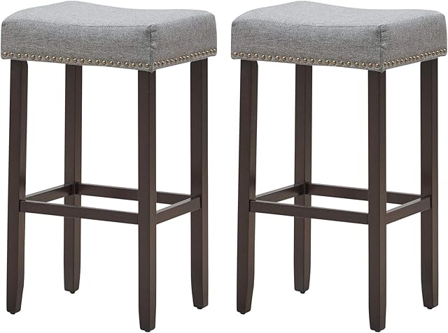 COSTWAY Set of 2 Bar Stools, Counter Height Bar Chairs Seat with Cushion and Solid Wood Legs, Breakfast Dining Stools Cafe Chair for Home Kitchen Dining Room (Grey)
