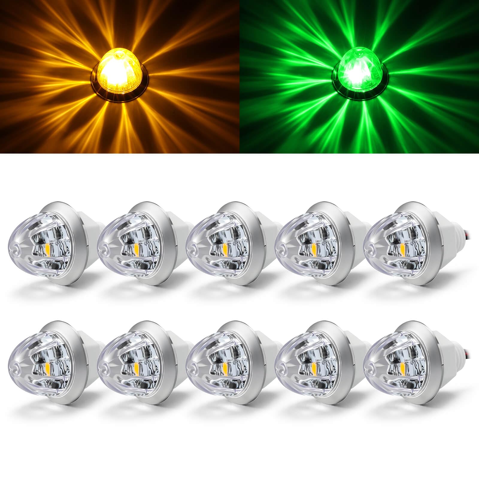 Photo 1 of 10Pcs 3/4 Inch Amber Green LED Watermelon Side Marker Lights, Dual Color Mini Marker Clearance Lights, Starburst AS Lens, IP67 Waterproof, 12V for Truck Trailer RV Custom Install