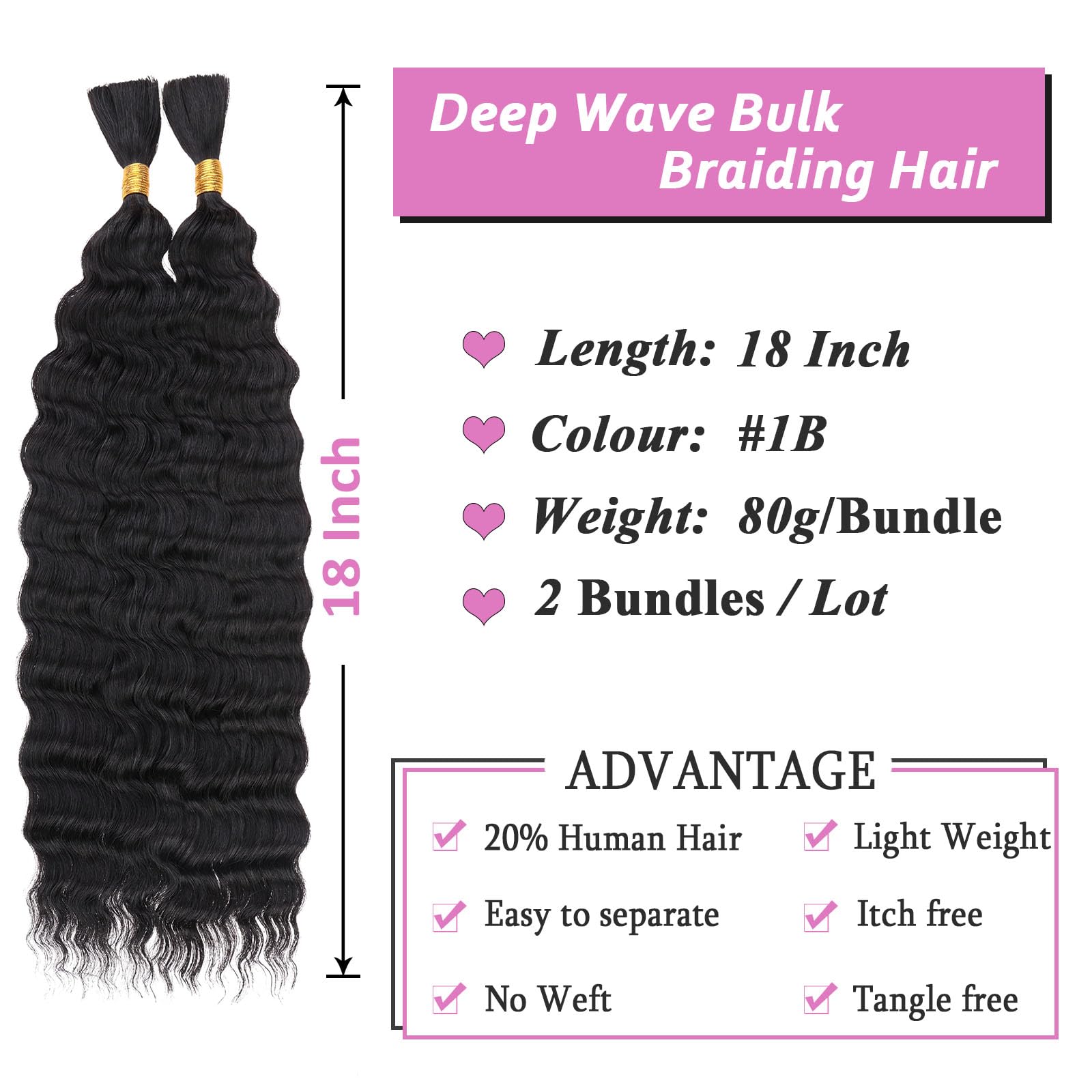 Samtress 18 Inch Deep Wave Bulk Braiding Hair Natural Black 20% Human Hair Mixed Quality Synthetic Curly Hair Extensions Wet and Wavy Boho Braids No Weft 2 Bundles (#1B) - Image 2
