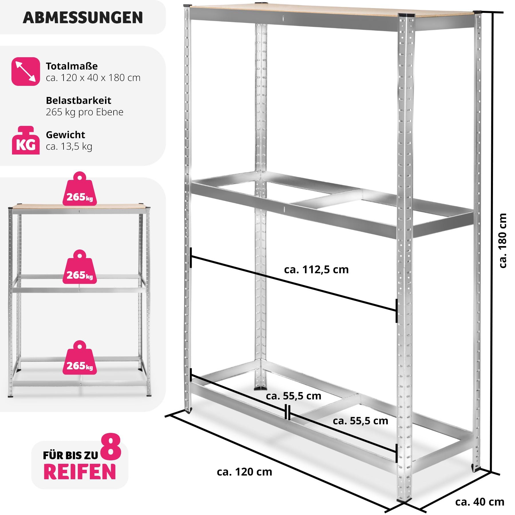 tectake® Reifenregal bis zu 8 Reifen aus Metall, Regal für Keller oder Garagen, Werkstatteinrichtung, für Autoreifen Aufbewahrung, Lagerregal 180x120x40cm, Reifenständer, Schwerlastregal, Felgenbaum