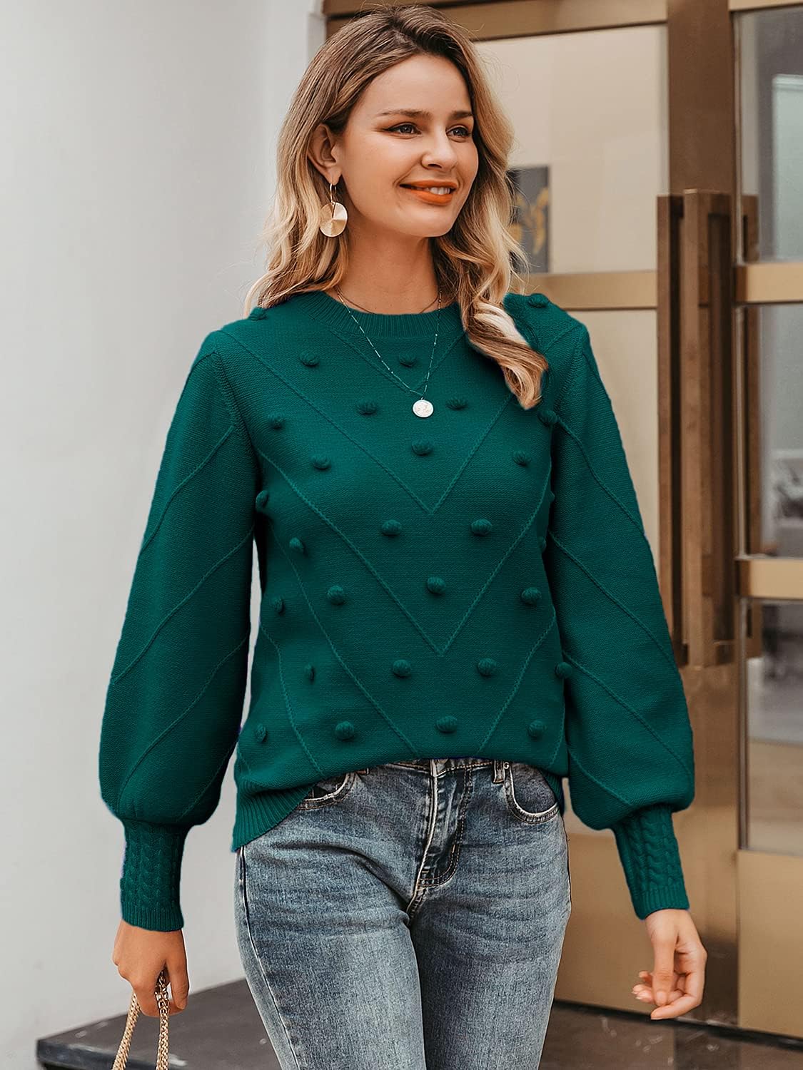 Miessial Women's Fall Crew Neck Pullover Sweater Cute Long Puff Sleeve Chunky Knit Sweater Pompom Jumper Top - Image 4