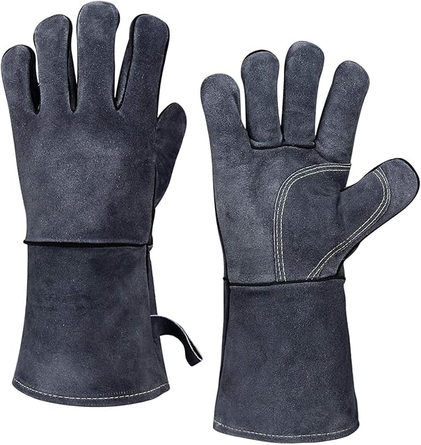 OZERO Heat Resistant Gloves,Leather Fire Gloves for Grill,BBQ,Oven,Welding,Gardening