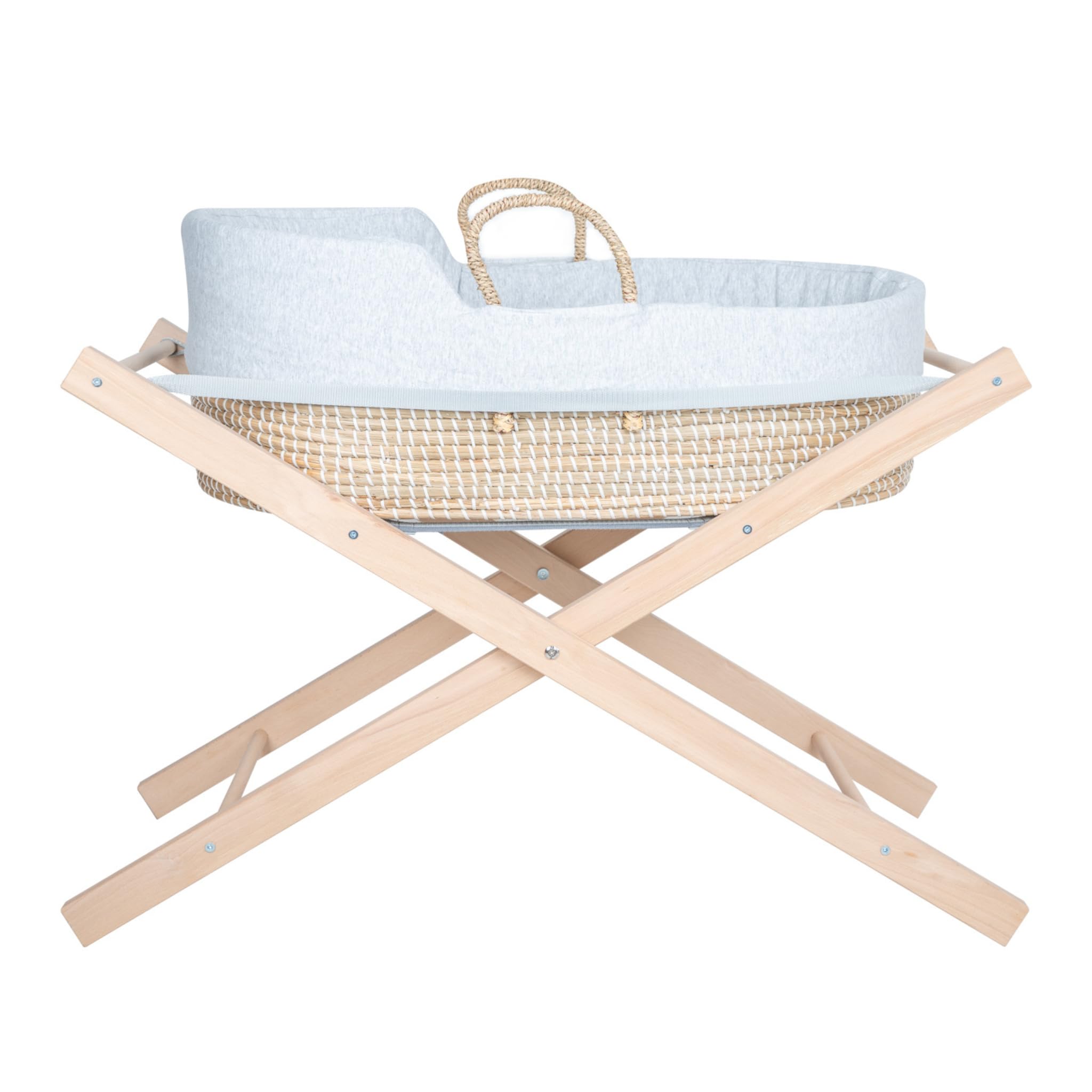 Mokee Couffin pour Bébé en Jonc de Mer avec Support - Panier Moïse avec Matelas, Literie en Coton, Doublure Rembourrée et Support en Bois - Couffin Moïse Naturel (Naturel & Support Naturel)