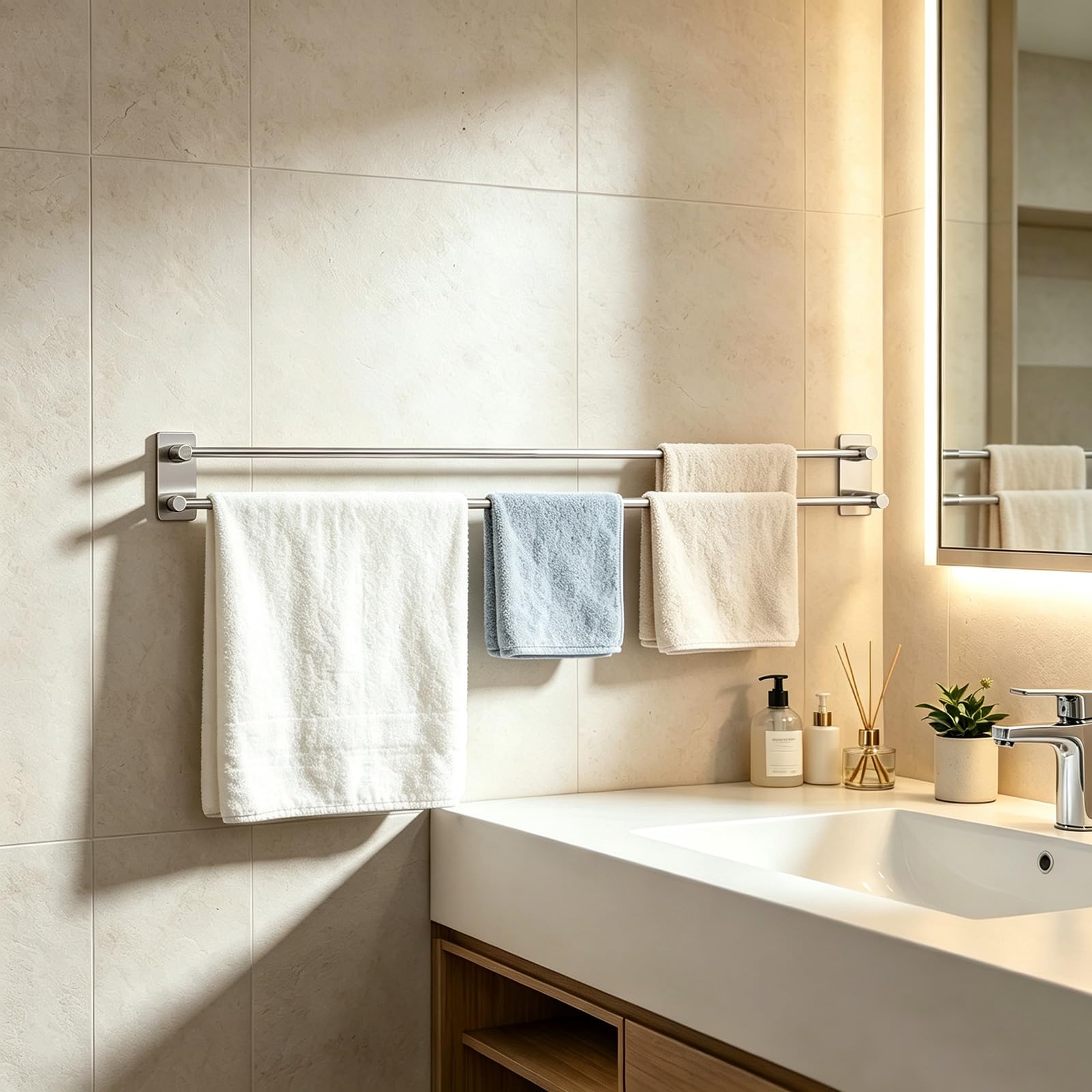 Toalleros de Baño sin Taladro, Doble Toallero Adhesivo de SUS304 Acero Inoxidable, Toallero Pared Antioxidante y Resistente a los Arañazos, Apto para Baño y Cocina (Cepillado Plata, 40cm)