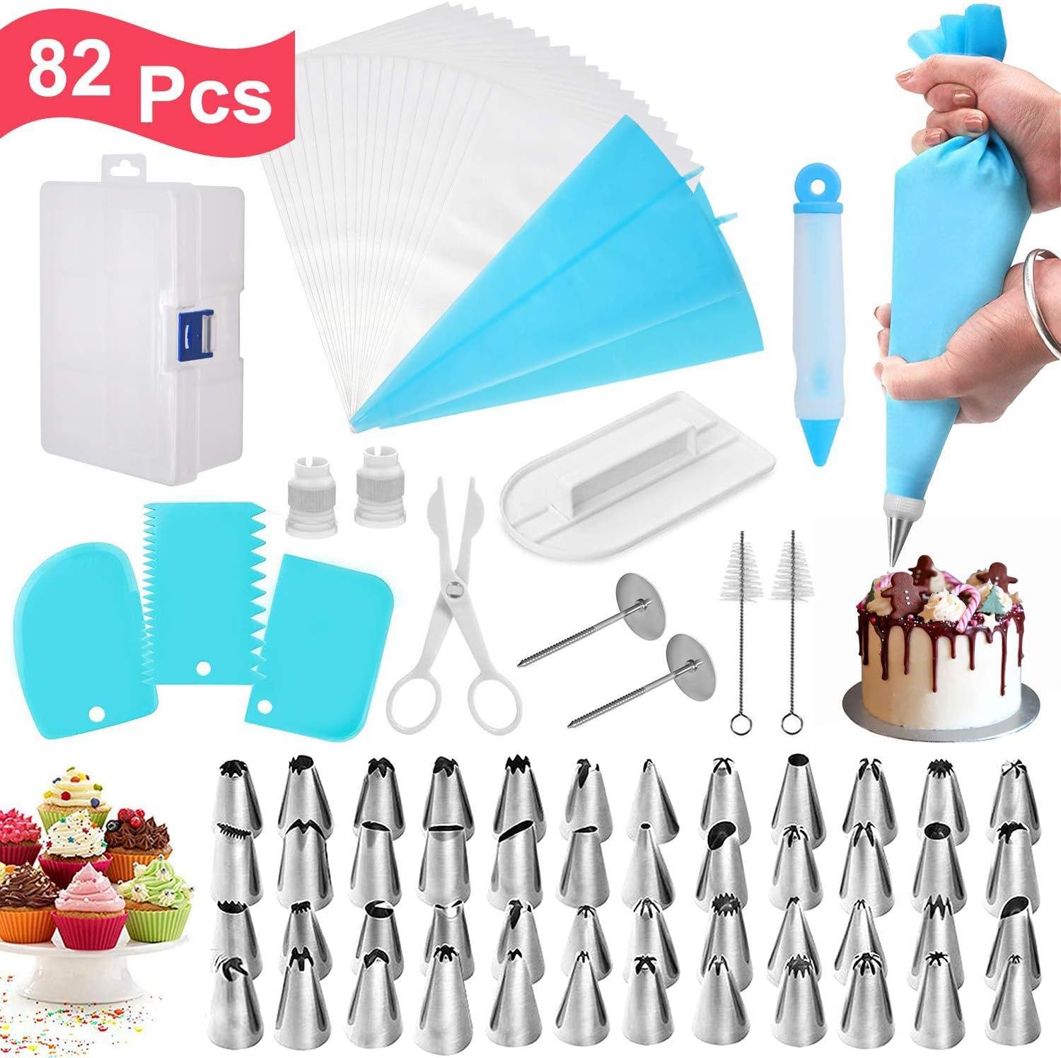 82 Pieces Cake Decorating Kit Supplies, with Icing Piping Tips, Disposable Icing Piping Bags, Cake Smoother, Flower Lifter Scissor, Baking Supplies, Cupcake Decorating Kit, Decorating Tip Sets