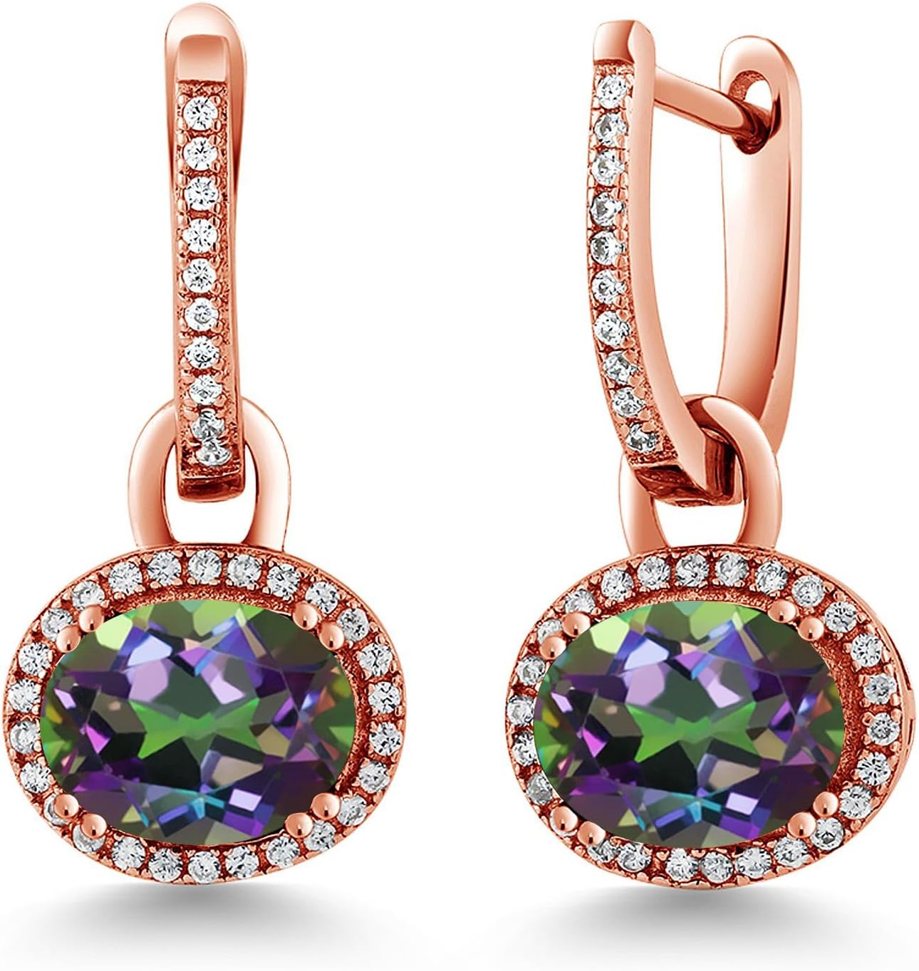 Gem Stone King 18K Rose Gold Plated Silver Gemstone Birthstone Halo Leverback Earrings | Oval 9X7MM | Drop Dangle Earrings for Women | Fine Jewelry Gifts for Her Mom Women Wife