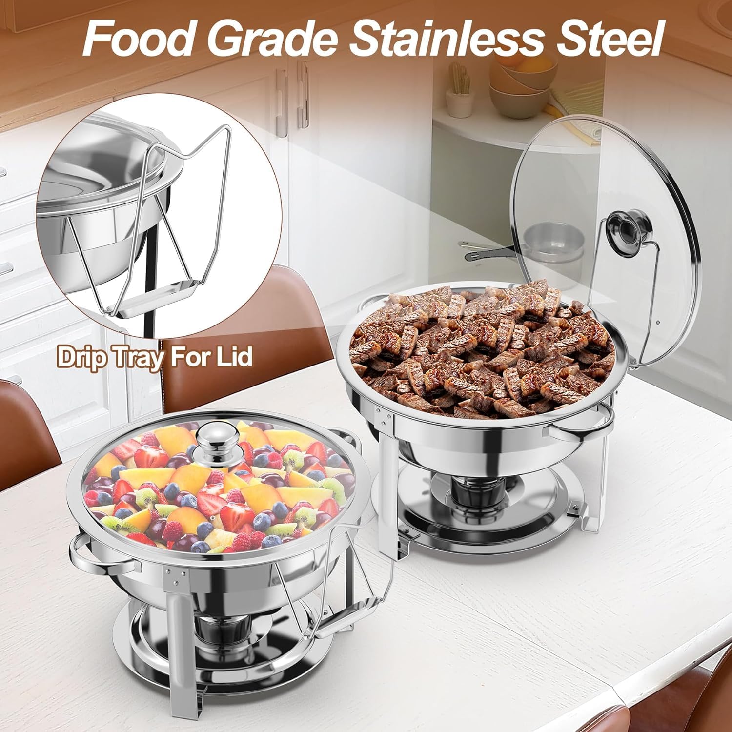 Set di 2 scaldavivande per buffet, in acciaio inox, 4.5 L Chafing Dish Buffet Rotondo Scaldavivande Rotondo in Acciaio Inox Contenitore,con Coperchi Pentole per Servire per Catering Ristoranti Feste