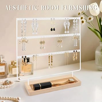 Earring Holder Stand, 3 Tier Earring Organizer with 75 Holes, Metal Earring Holder with Wood Basic stand, Jewelry Organizer Display Stand for Earring Ring Ear Stud Bracelet (White+Log Color)